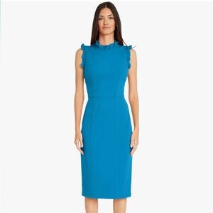 London Style Collection Malibu Blue Ruffle Neck Sheath Dress